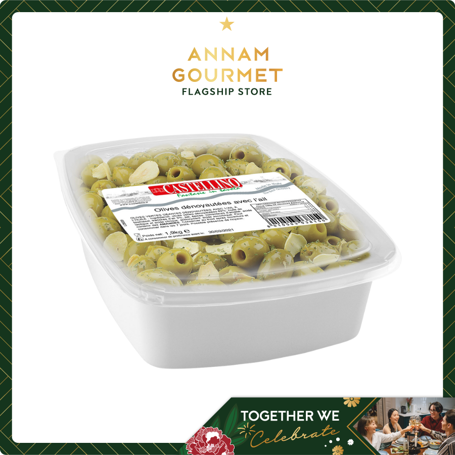 Castellino Pitted Green Olives with Garlic (1.9kg)