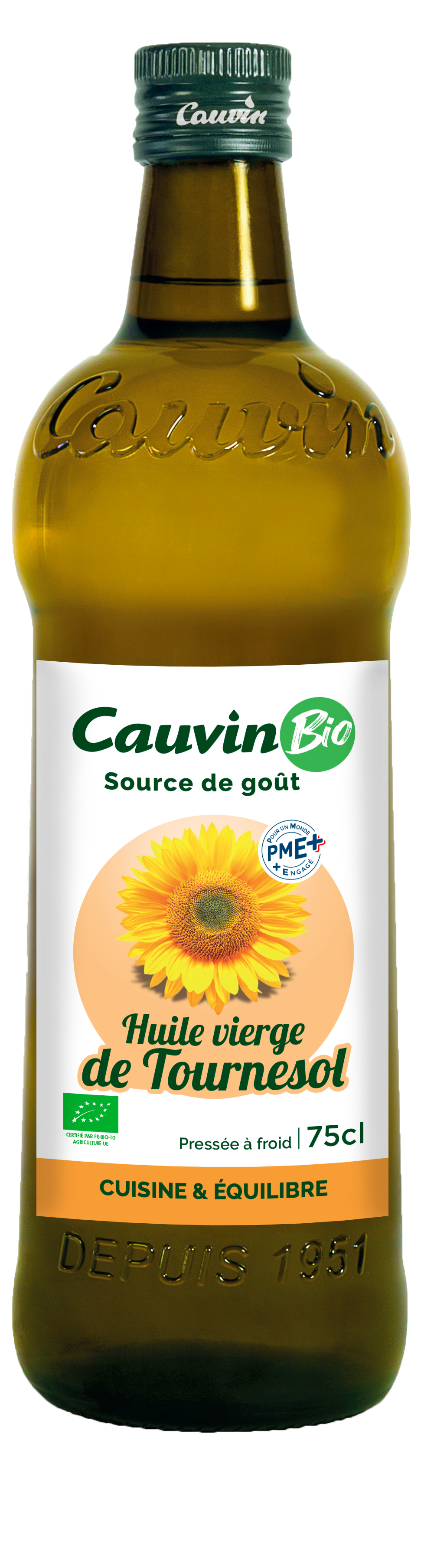 Cauvin Organic Virgin Sunflower Oil, Glass Bottle 750ml