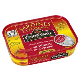 Cá mòi & ớt Cayenne ngâm dầu ôliu À L’Ancienne Sardines à l'huile d'olive vierge extra au piment de Cayenne hiệu Connétable. 115g