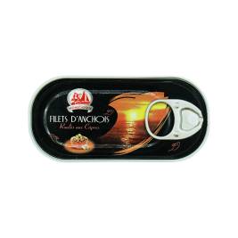 Cá cơm phi lê cuộn nụ bạch hoa ngâm dầu Filets D'Anchois Roulés Aux Cârpres A L'Huile Équilibre hiệu La Monegasque 50g